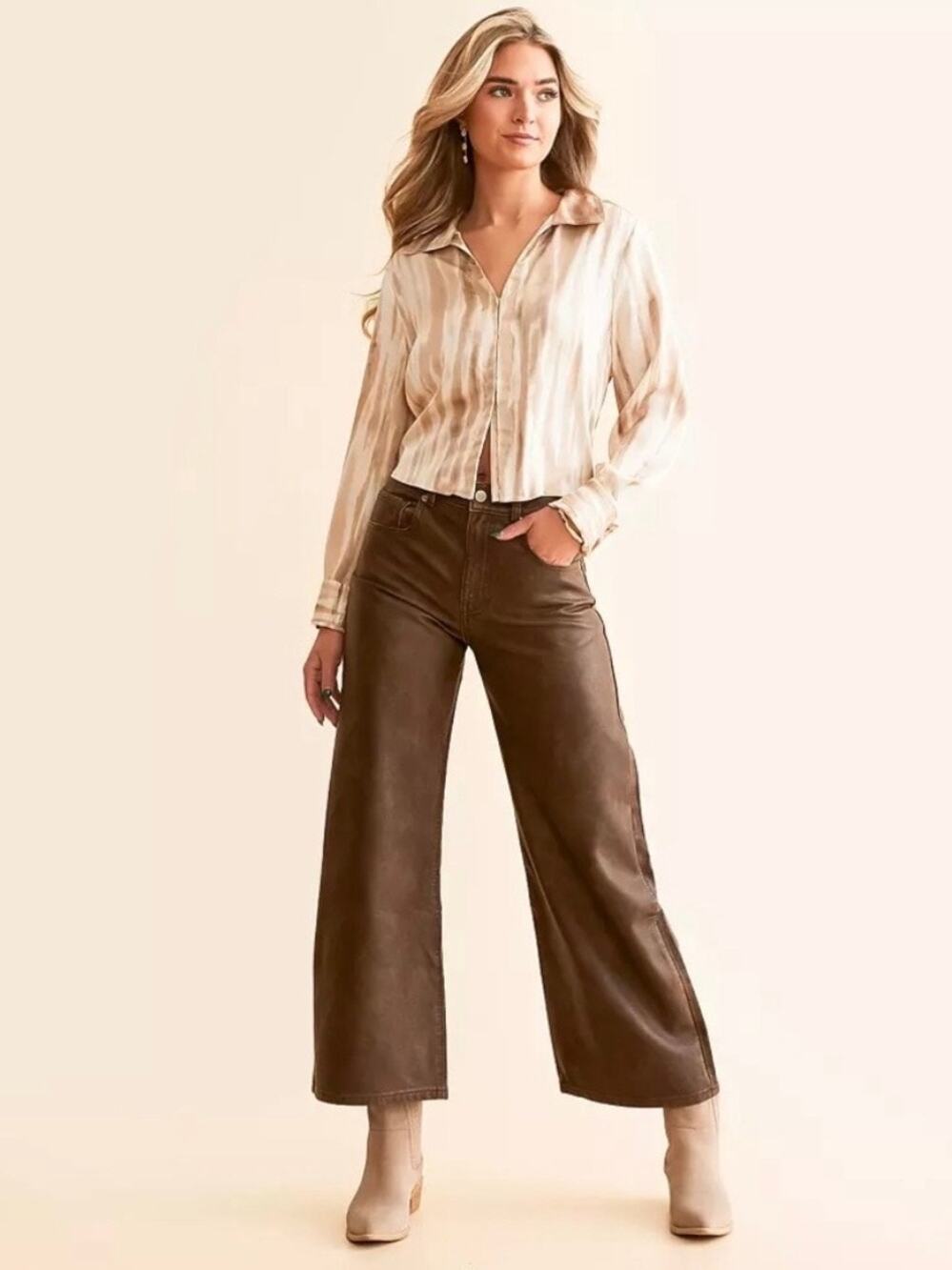 Free People We The Free Brown Faux Leather Misha Wide Leg Barrel Pants Sz.26
